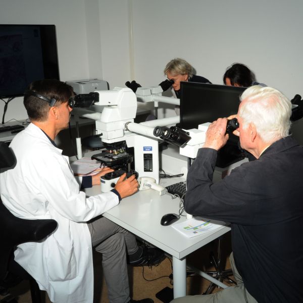 Ein Arzt und mehrere ältere Personen schauen durch verschiedene Mikroskope