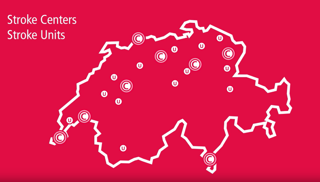 Map of Switzerland with Stroke Centers drawn in.
