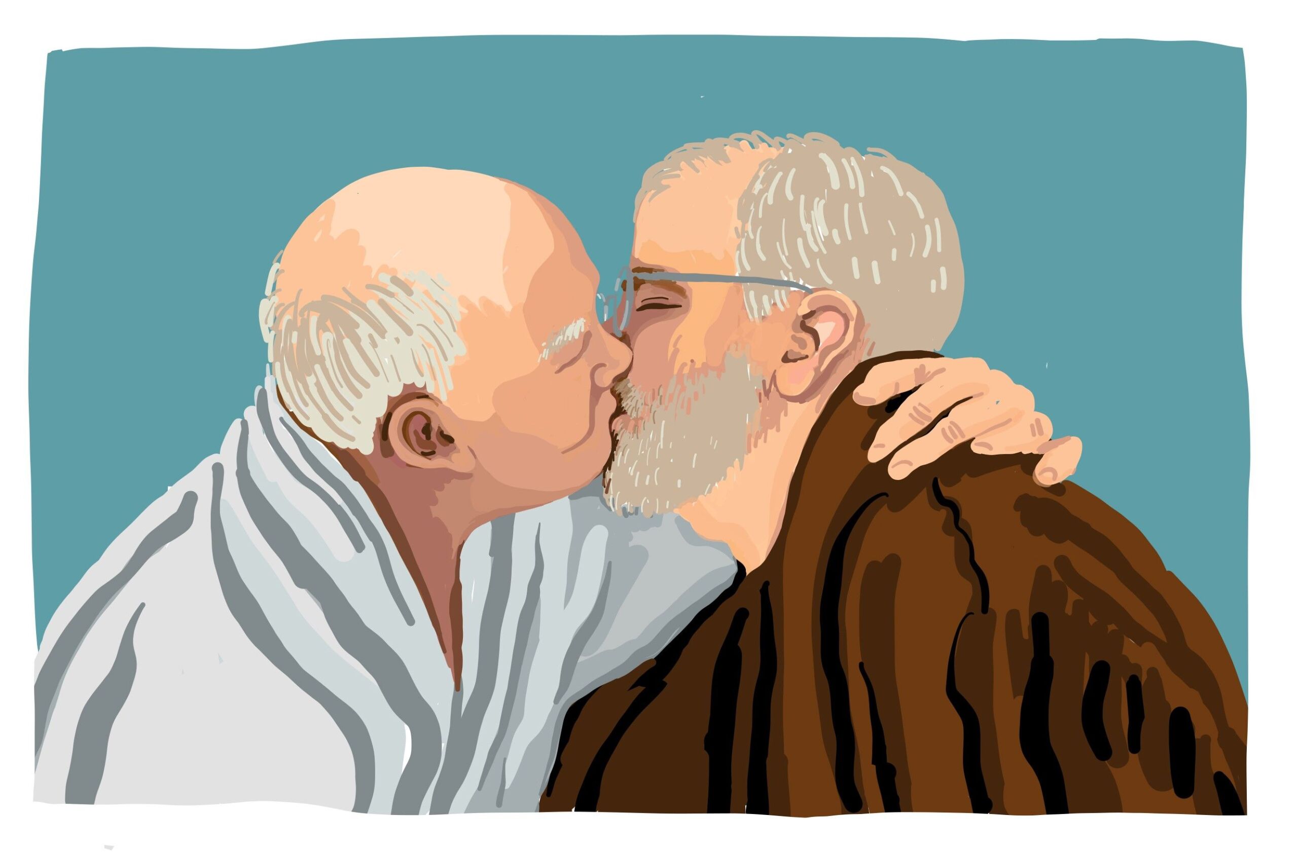 Zwei ältere Männer küssen sich.
